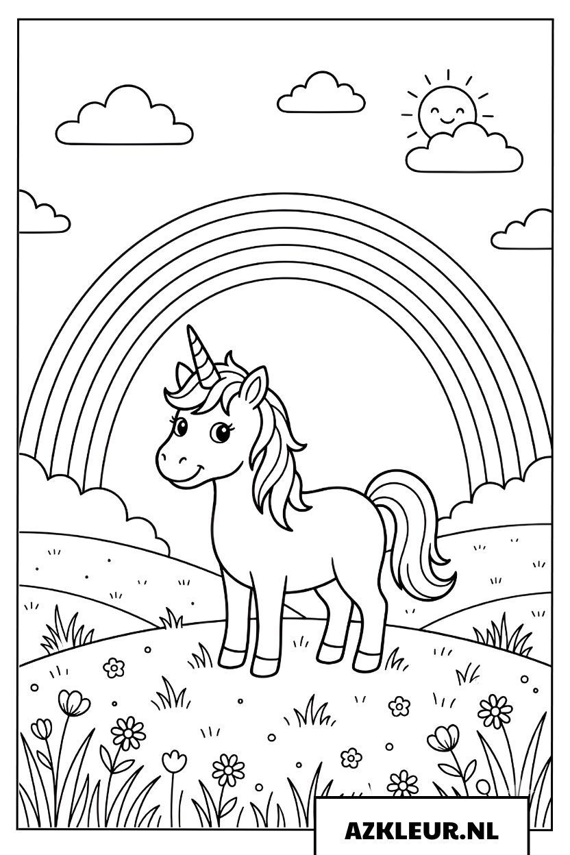 Kleurplaat eenhoorn in een bloemenveld met een regenboog