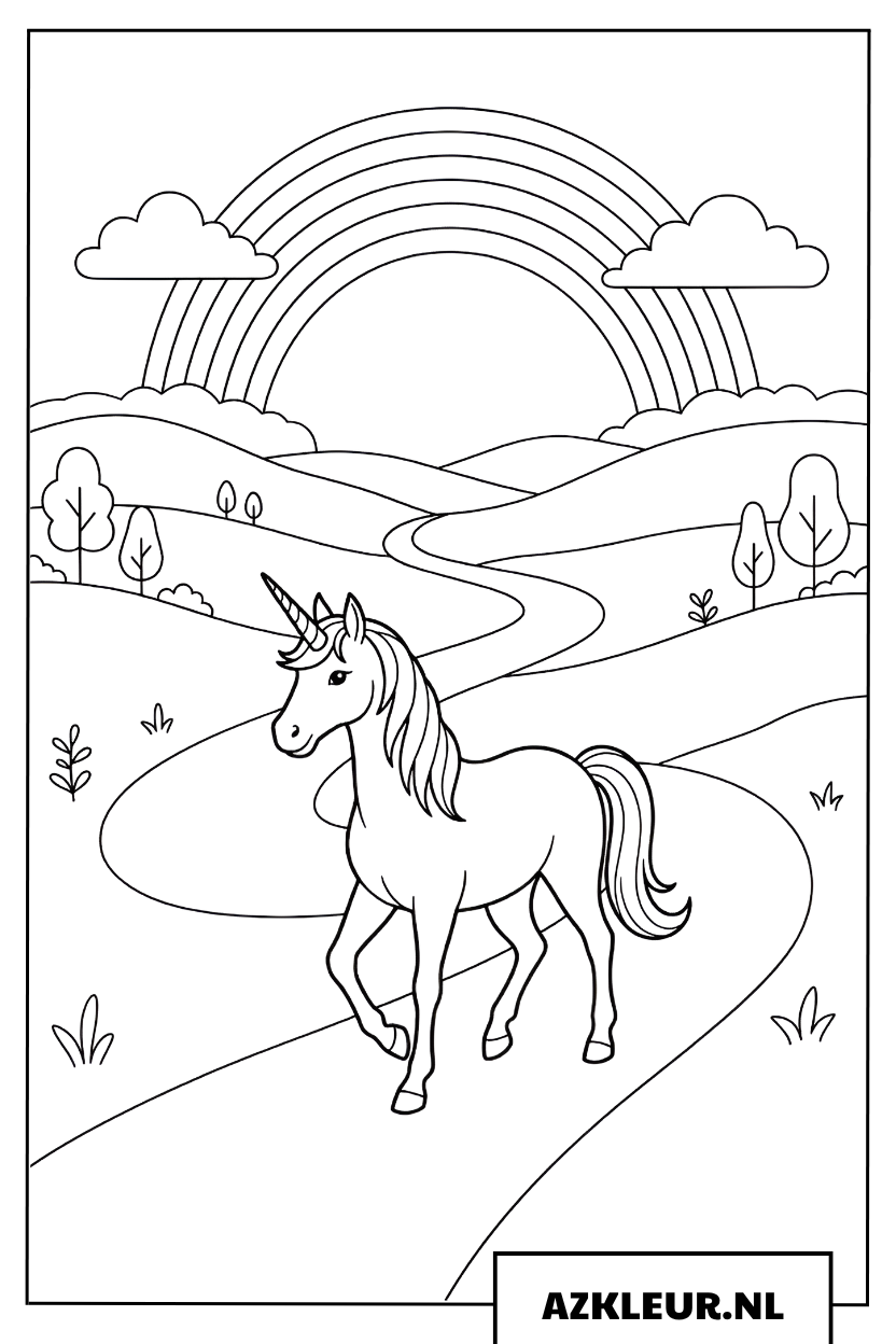 Kleurplaat eenhoorn op een magisch pad onder de regenboog