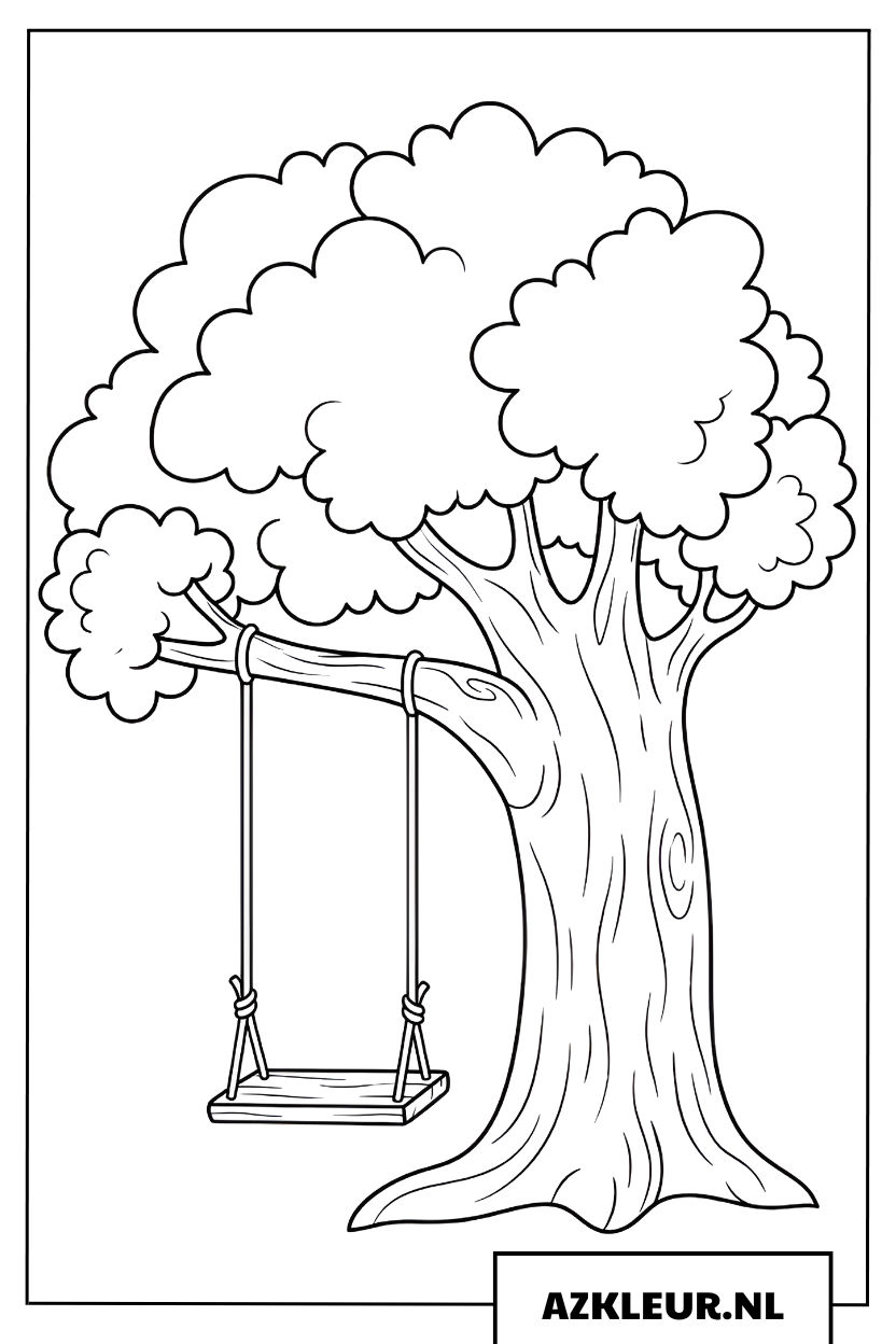 Kleurplaat grote boom met een houten schommel
