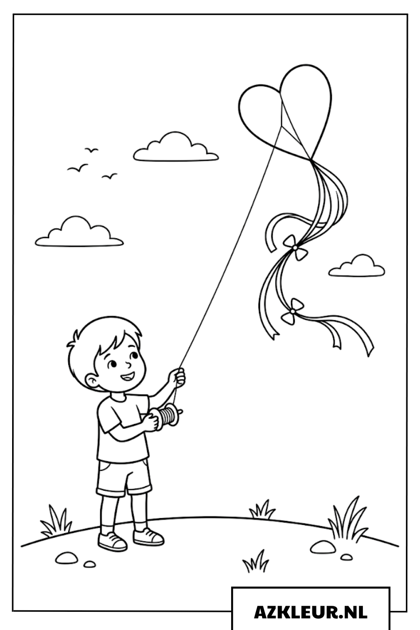 Kleurplaat jongen met een hartjes vlieger