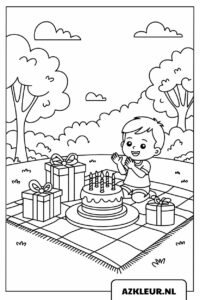 Descarga gratis: página para colorear de un niño que celebra su cumpleaños con un picnic en el parque.