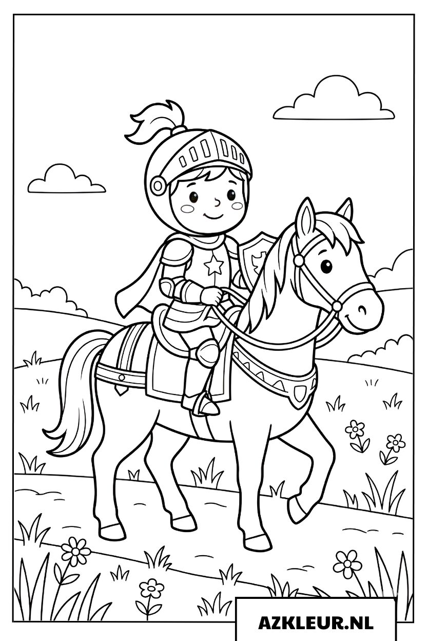 Kleurplaat kleine ridder op een dapper paard