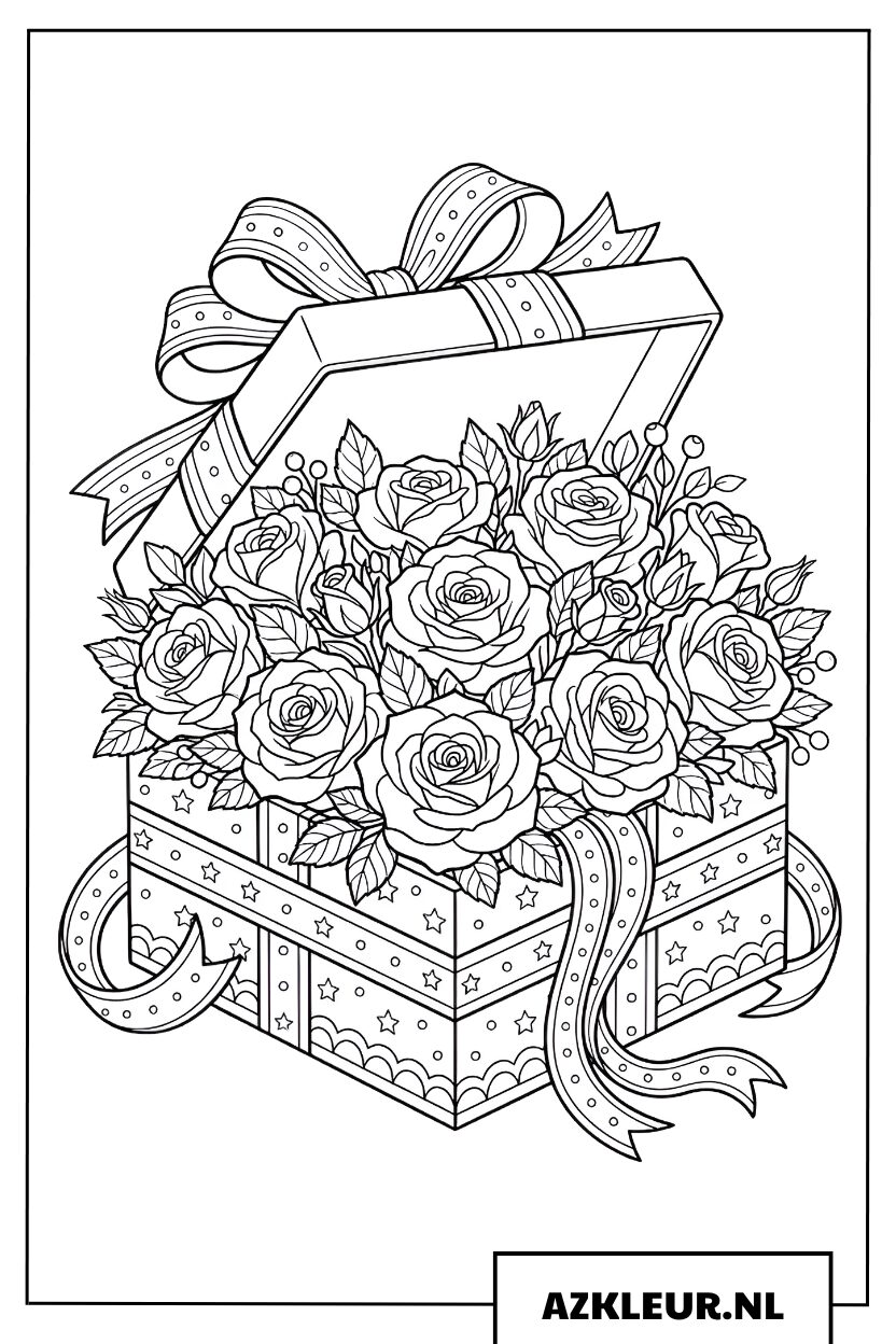 Kleurplaat luxe geschenkdoos gevuld met rozen
