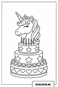 Página para colorear: unicornio mágico, pastel de cumpleaños con corazones