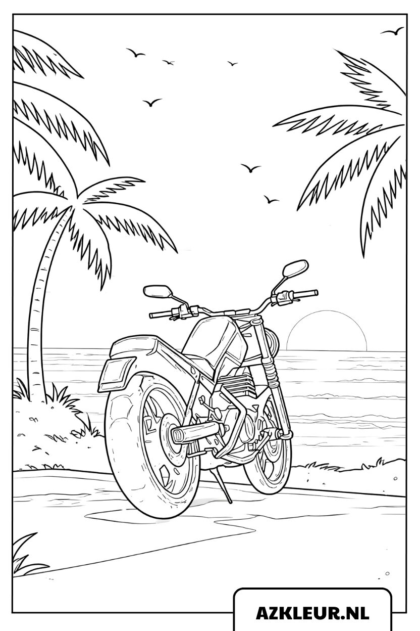 Kleurplaat motor aan het strand