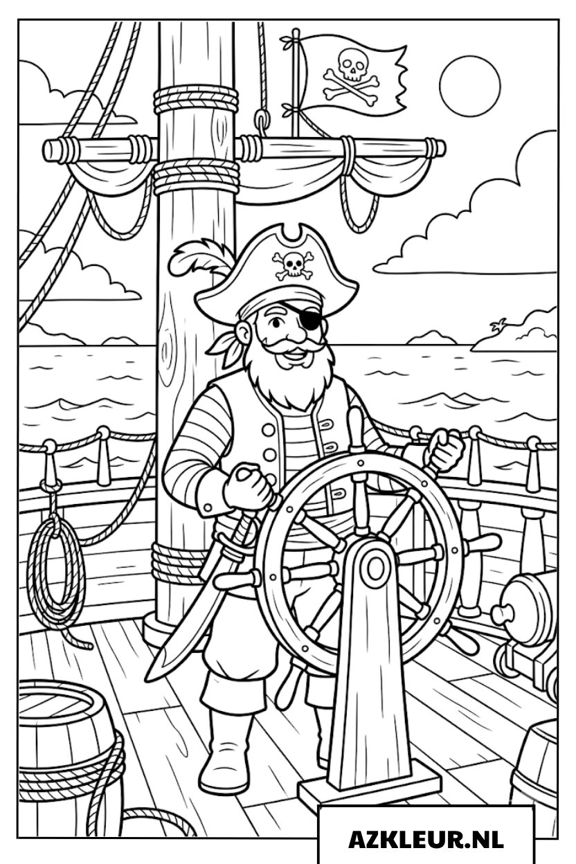 Kleurplaat piratenkapitein aan het roer