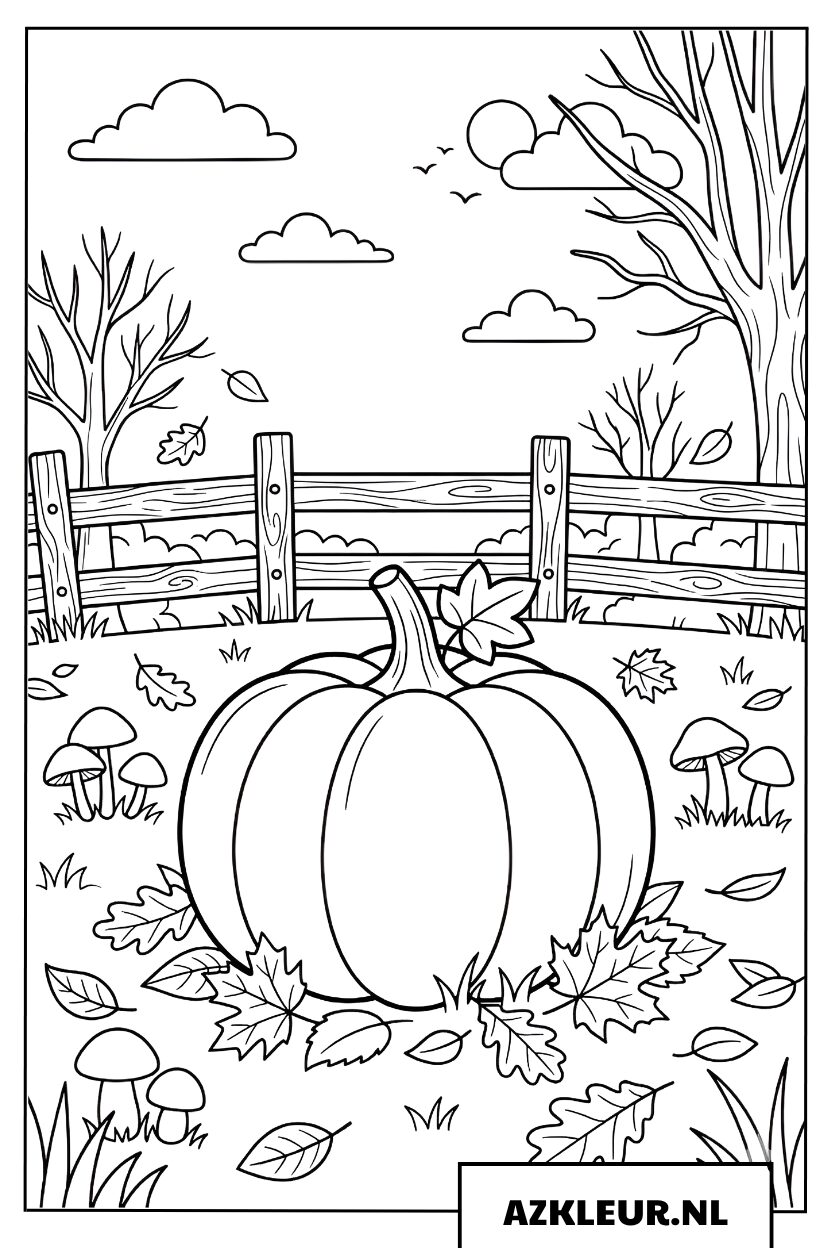 Kleurplaat pompoen in de herfsttuin