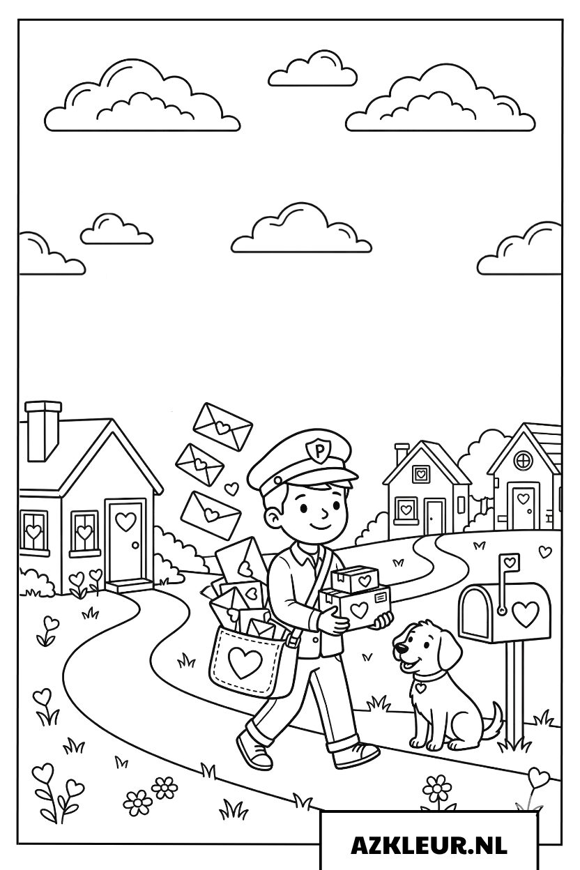 Kleurplaat postbode met brieven en hartjes