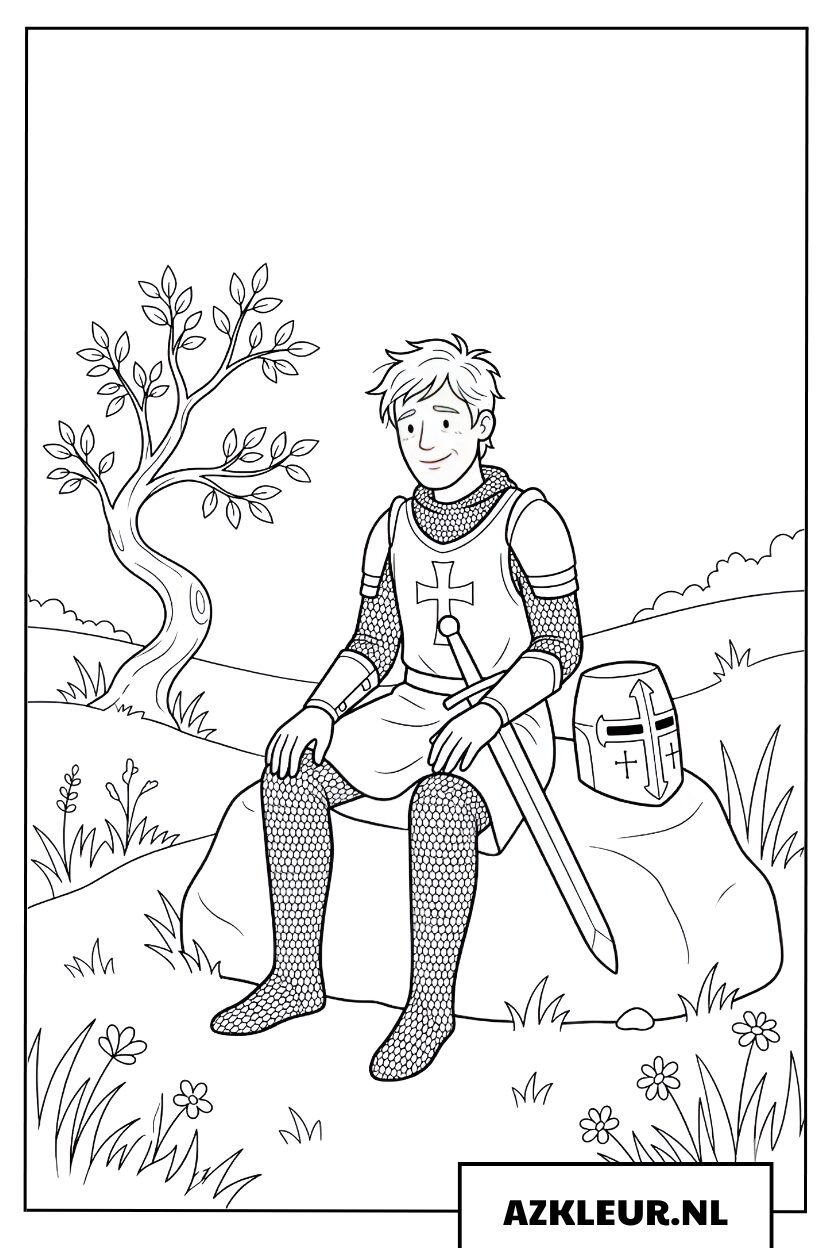 Kleurplaat ridder die uitrust na een groot avontuur