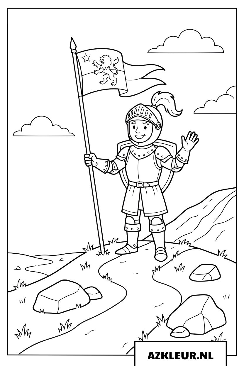 Kleurplaat ridder met een vlag op de top van de heuvel