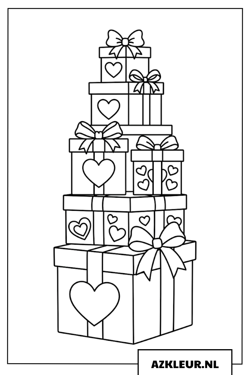 Kleurplaat stapel cadeautjes met hartjes