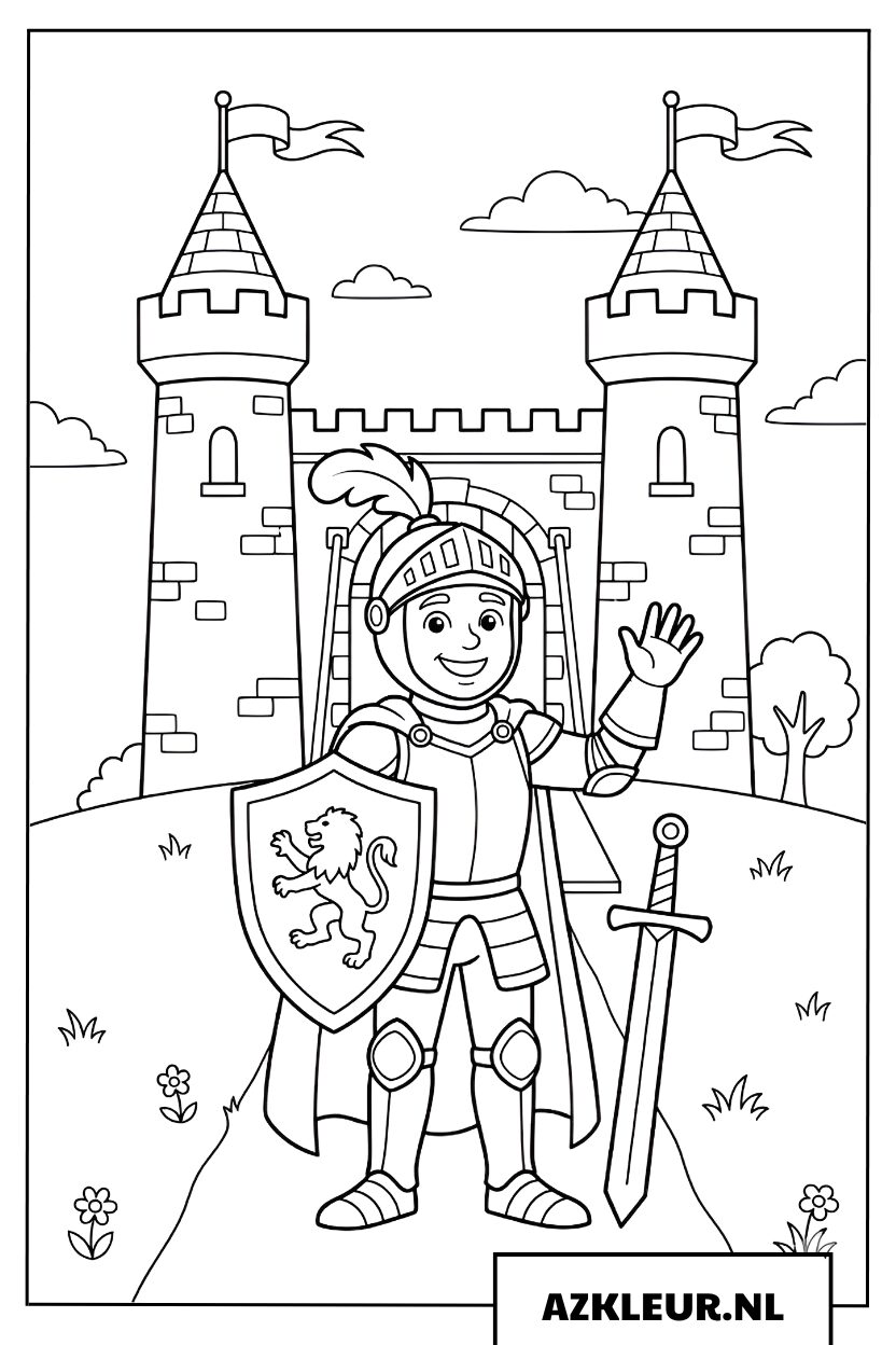 Kleurplaat stoere ridder voor een groot kasteel