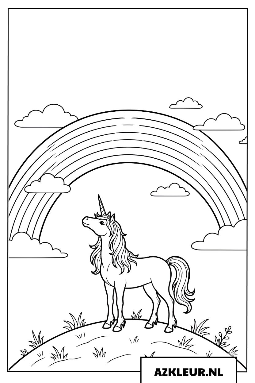 Kleurplaat trotse eenhoorn op een heuvel bij de regenboog