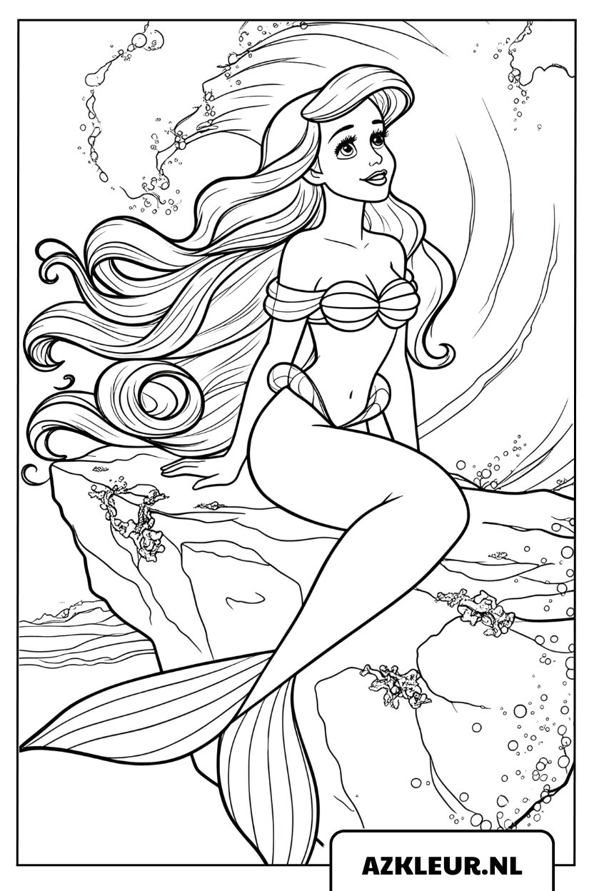 Kleurplaat van Ariel die op een rots zit