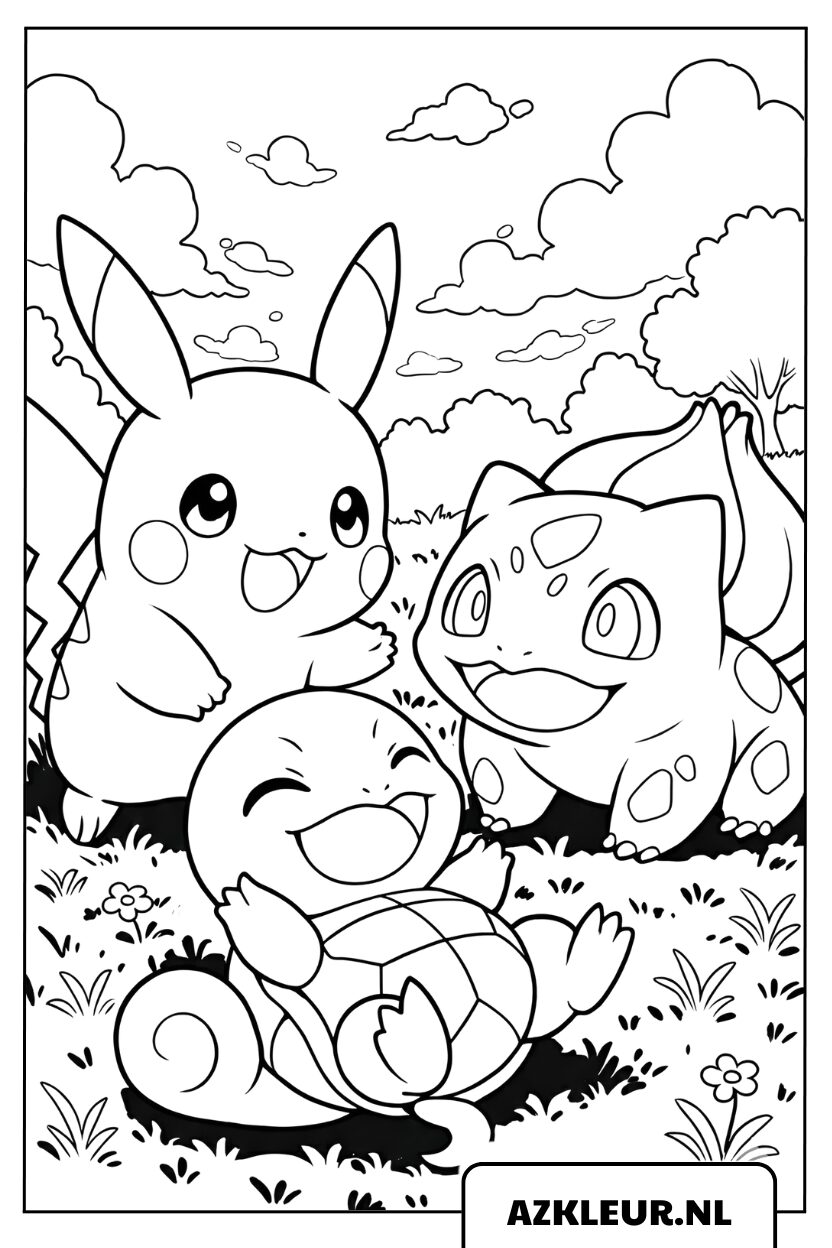 Kleurplaat van Pikachu, Squirtle en Bulbasaur die spelen op het gras