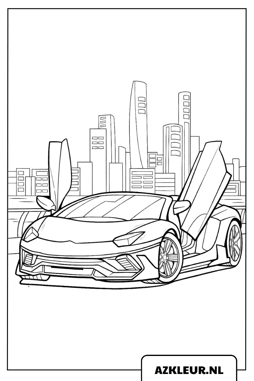 Kleurplaat van een Lamborghini-superauto in de stad