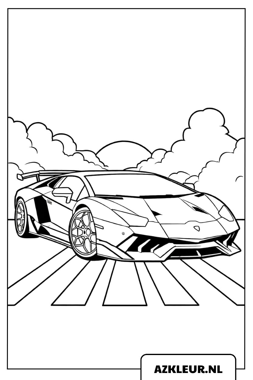 Kleurplaat van een Lamborghini-superauto midden in de rook