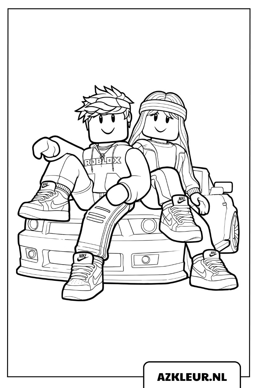 Ilmainen Roblox-pariskunnan värityssivu, jossa he istuvat urheiluauton päällä