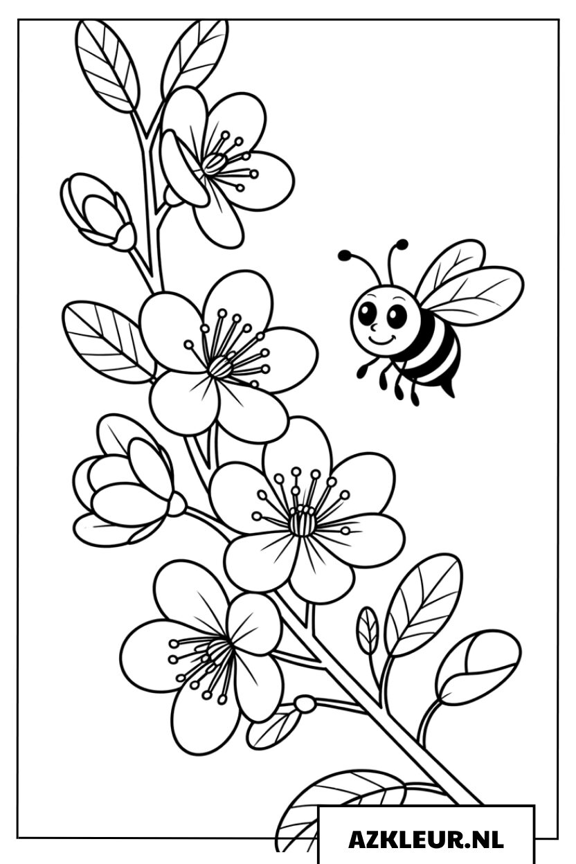 Kleurplaat van een bloesemtak met een schattig bijtje