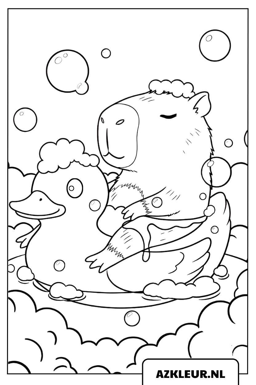 Kleurplaat van een capybara die ontspant in een eendenzwemband