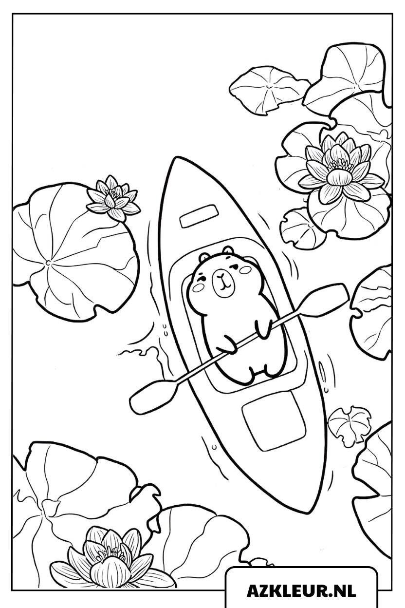 Kleurplaat van een capybara in een lotusbloemenvijver