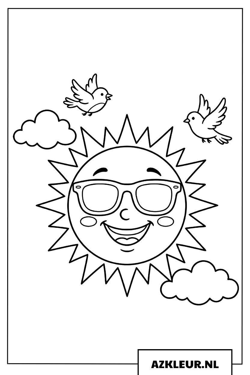 Kleurplaat van een grappige zon met zonnebril tussen de wolken