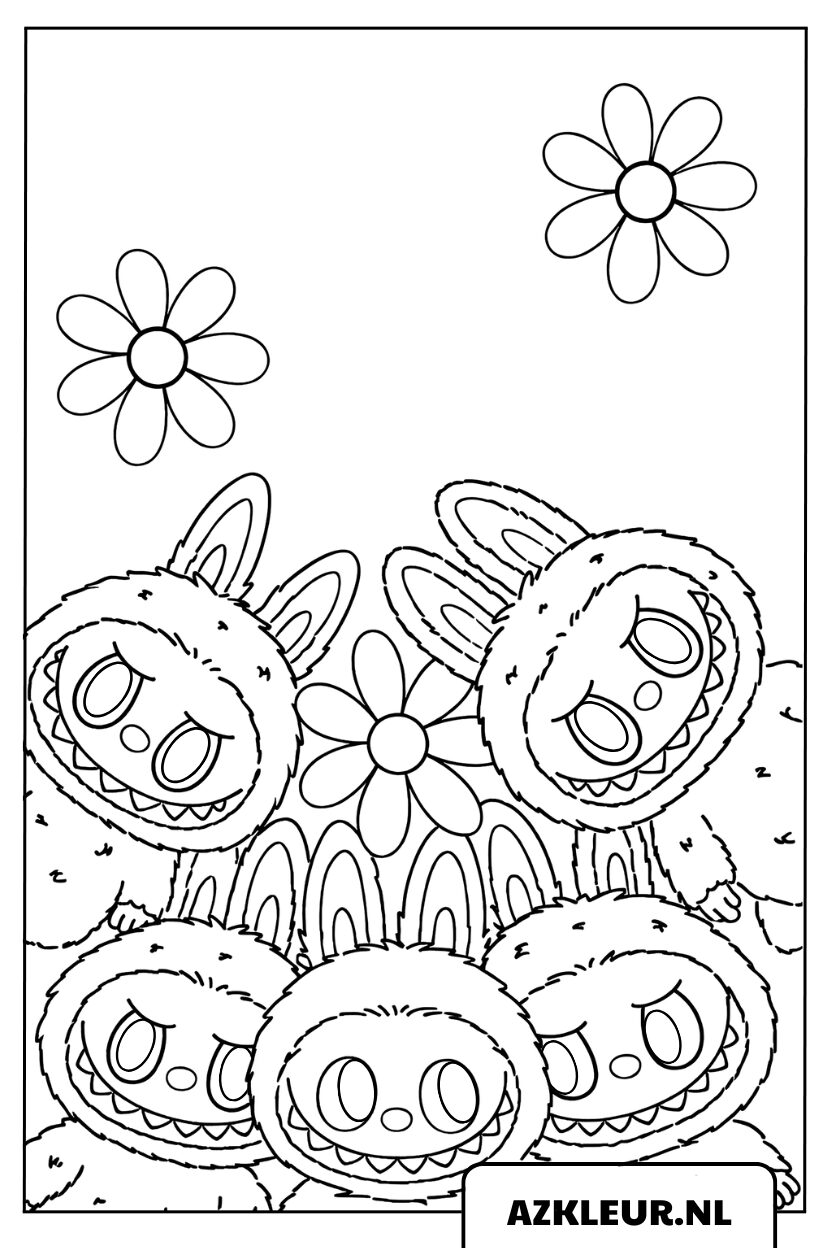 Página para colorear de un grupo de Labubu alegres rodeados de flores