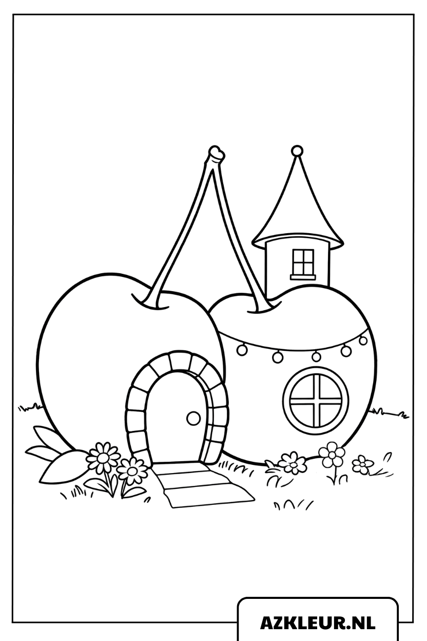 Kleurplaat van een huis in de vorm van een kers