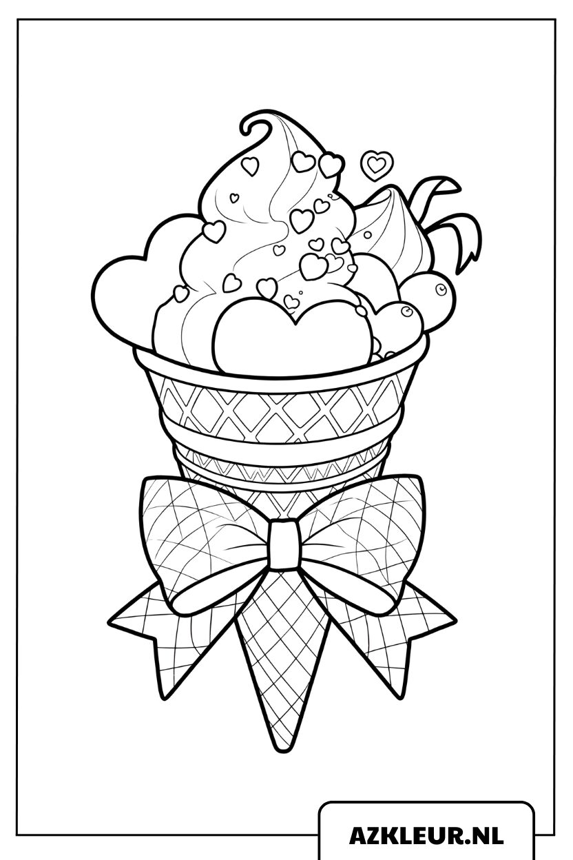 Kleurplaat van een ijshoorntje versierd met een prachtige strik