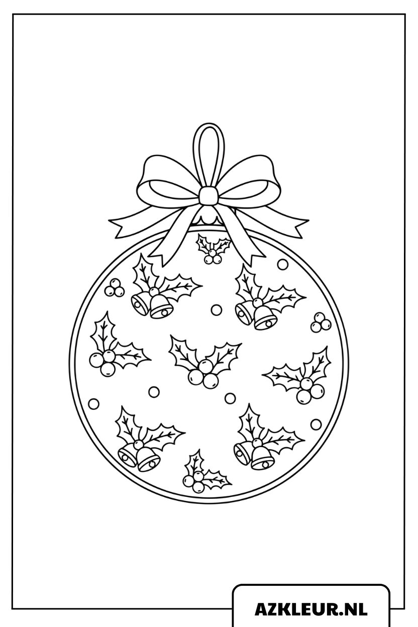 Página para colorear de una bola de Navidad con hojas de acebo y un gran lazo. ¡Descárgala gratis!