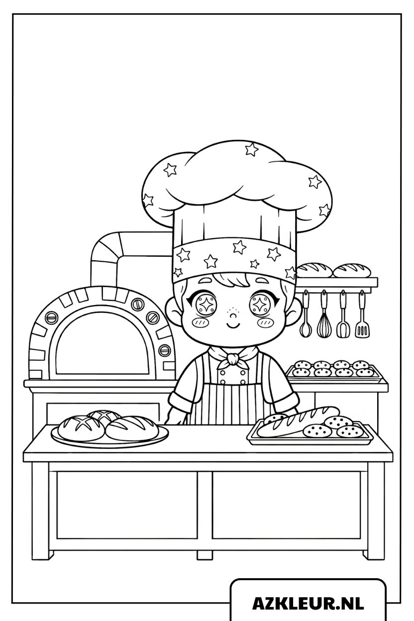 Kleurplaat van een kleine kawaii kok die broodjes bakt