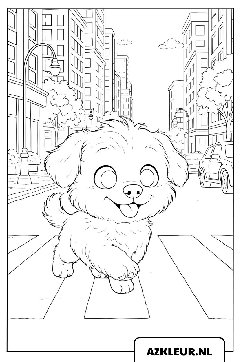 Kleurplaat van een lief hondje in de tuin
