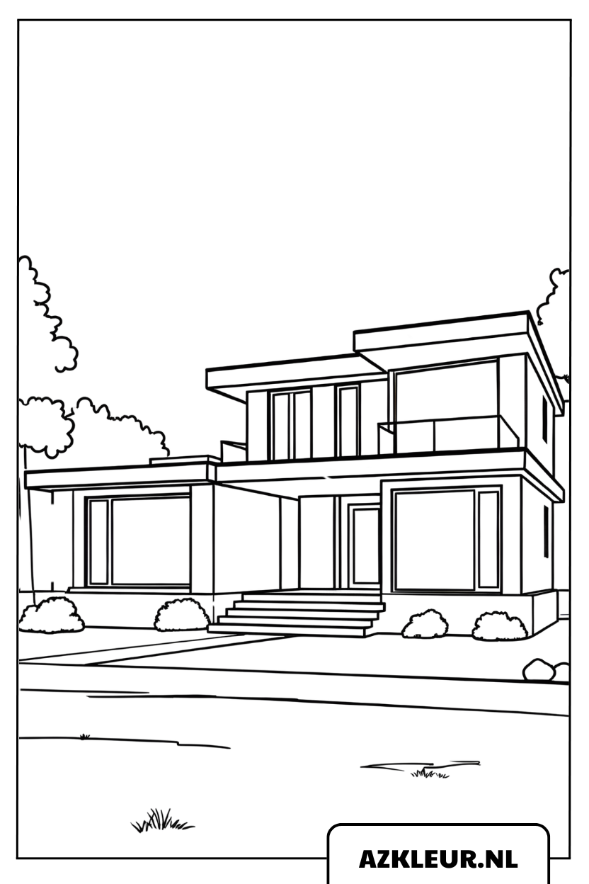 Kleurplaat van een modern huis met twee verdiepingen