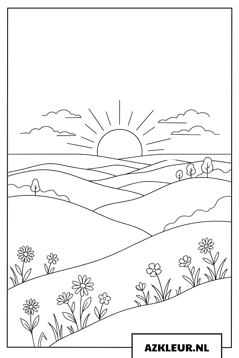 Kleurplaat van een prachtig heuvellandschap onder de zon
