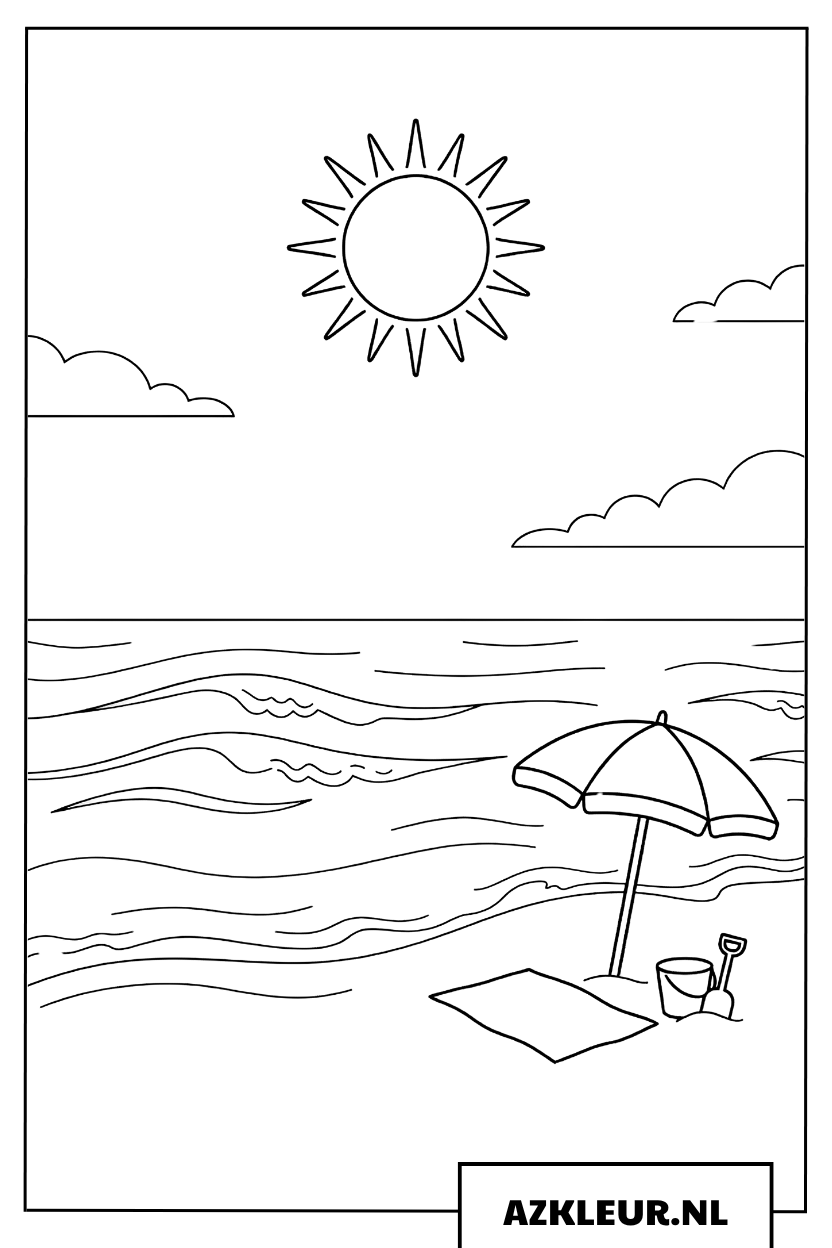 Kleurplaat van een rustig strand met een parasol en de zon