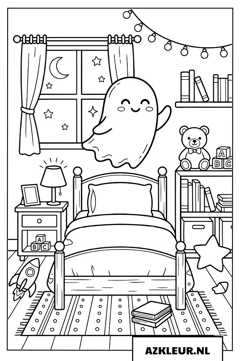 Kleurplaat van een schattig spookje dat zweeft in de slaapkamer