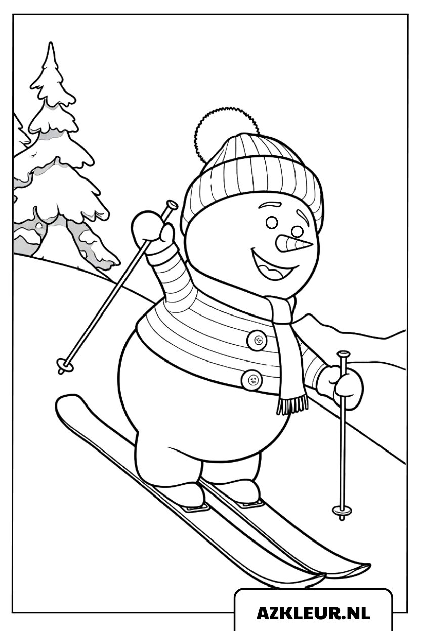 Kleurplaat van een sneeuwpop die aan het skiën is