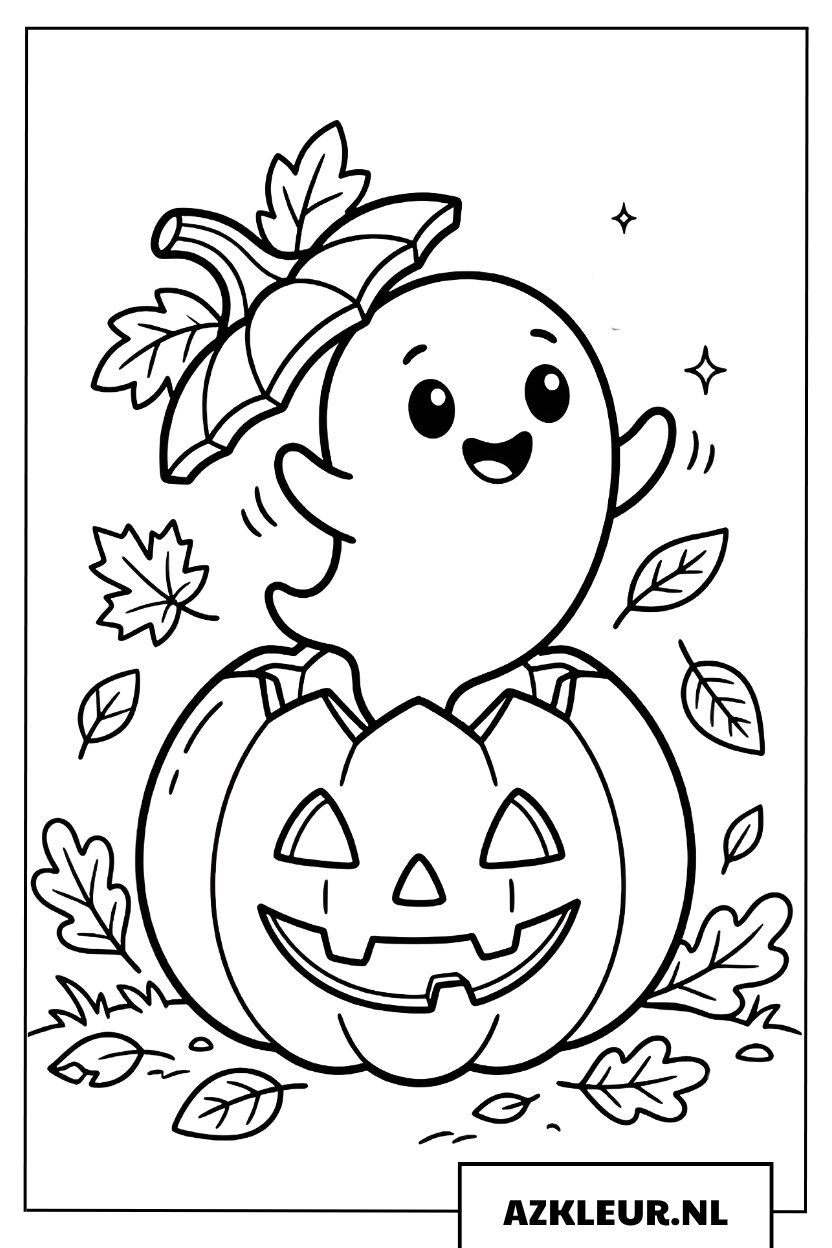 Kleurplaat van een spookje dat uit een Halloween-pompoen komt