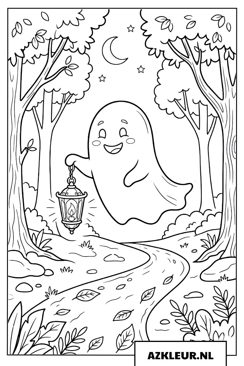 Kleurplaat van een spookje met lantaarn in het herfstbos