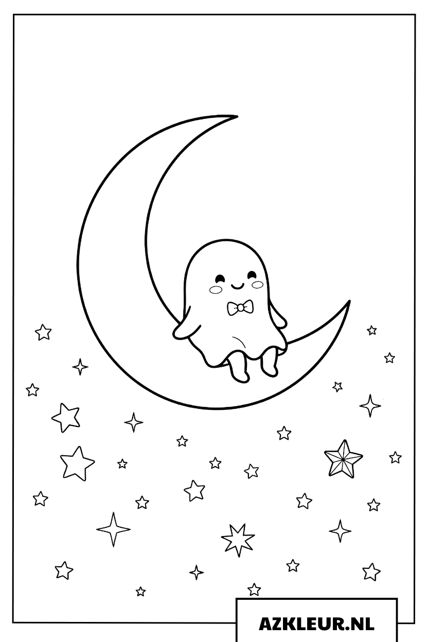 Kleurplaat van een spookje zittend op de maan tussen de sterren