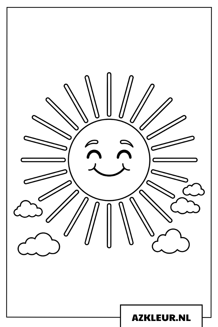 Kleurplaat van een stralende zon met grote zonnestralen