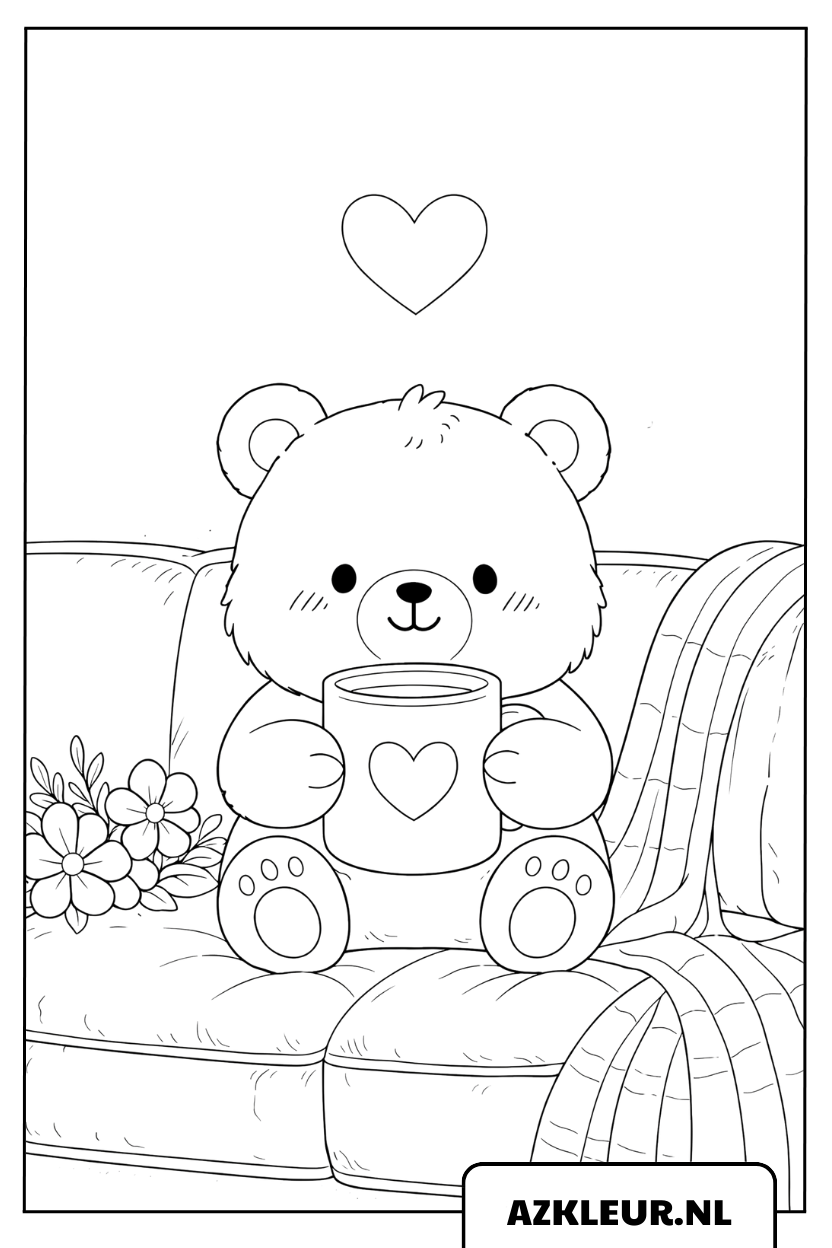 Kleurplaat van een teddybeer die op de bank zit met een kopje thee