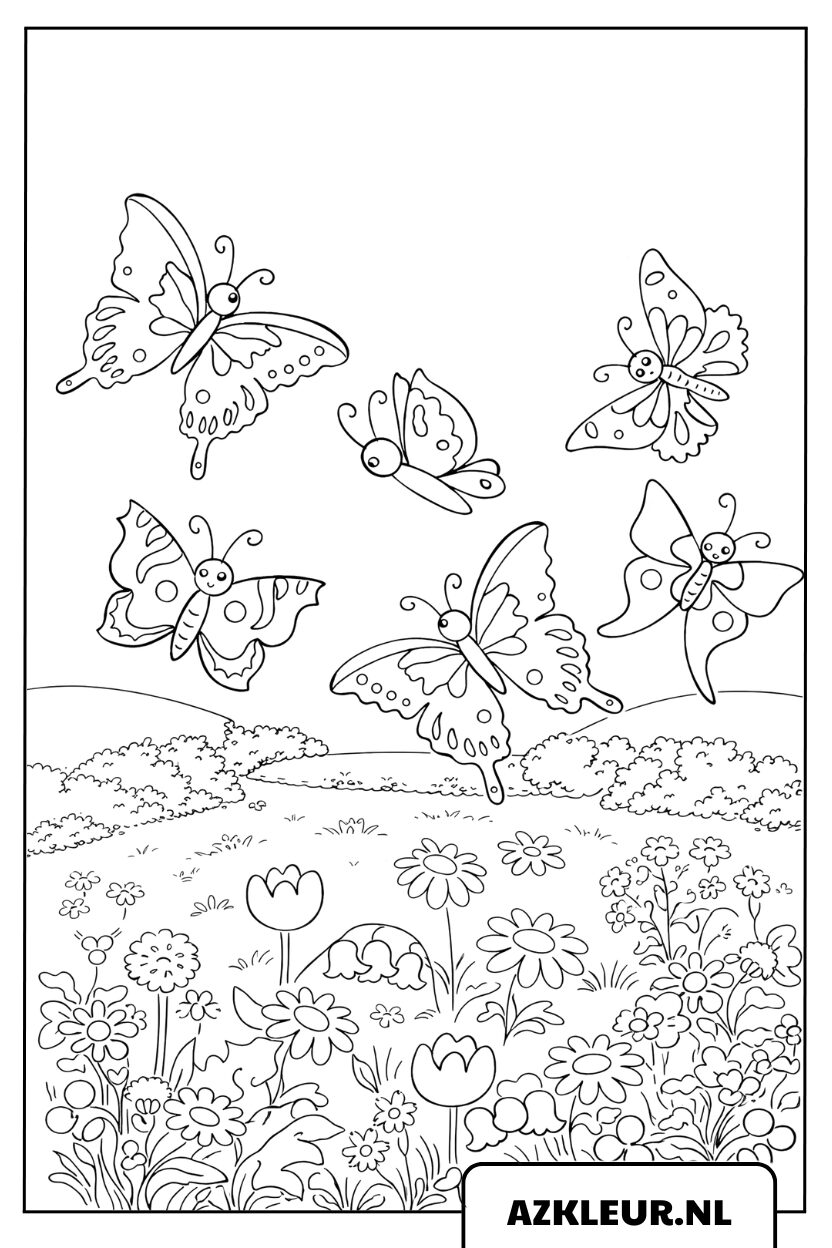 Kleurplaat van een vlinder die boven een bloementuin vliegt