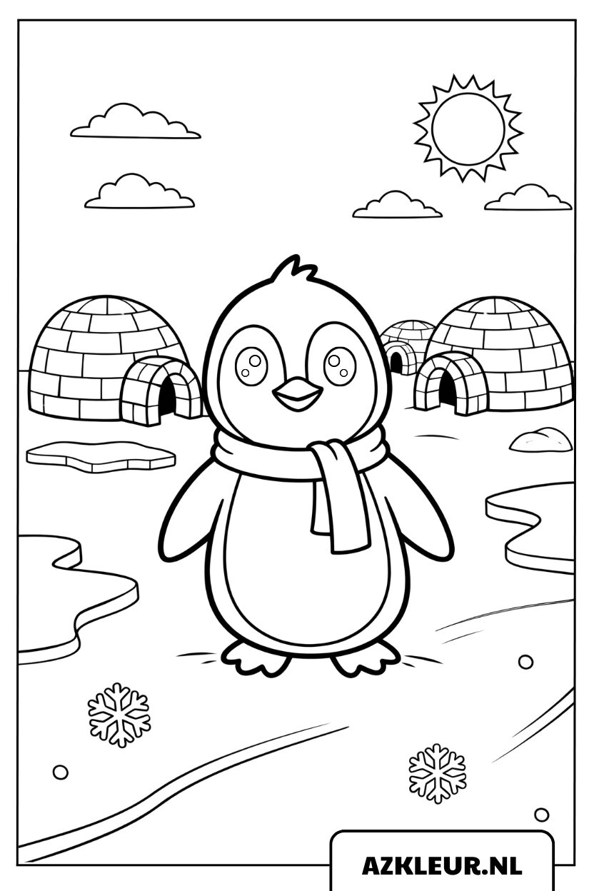 Värityssivu iloisesta pingviinistä lumessa