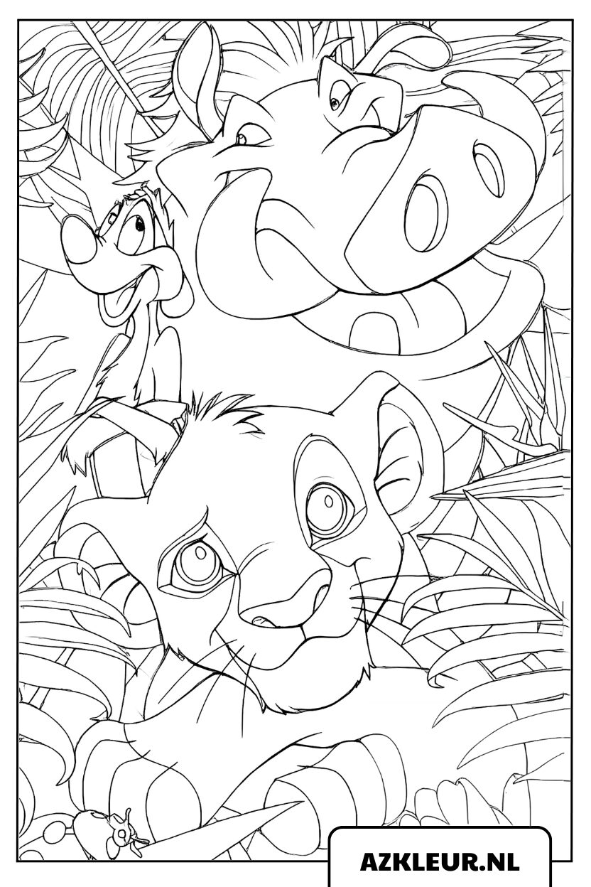 Kleurplaat van het grappige trio Simba, Timon en Pumbaa