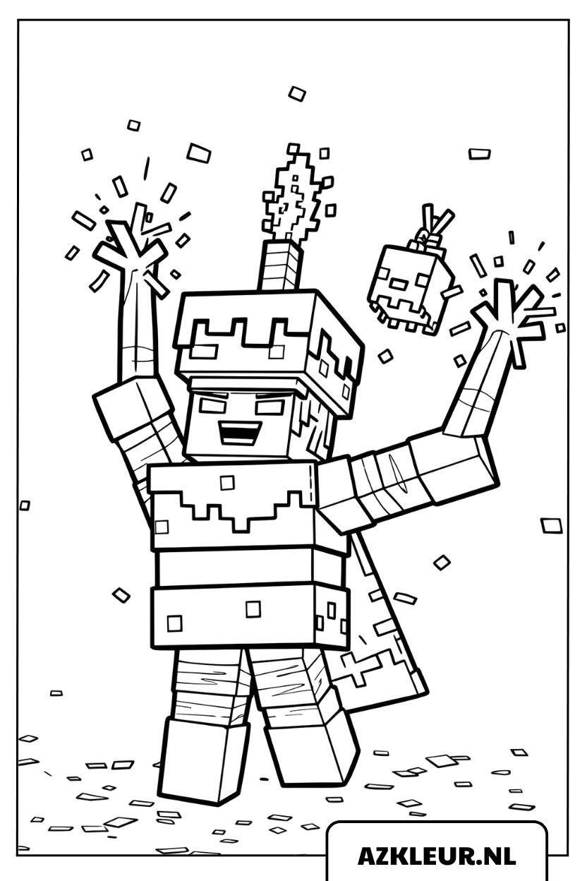 Farfle med et Minecraft-personage, der fejrer med konfetti