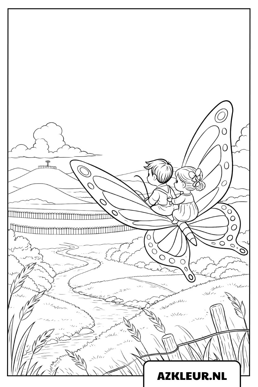Kleurplaat van twee kinderen die op een vlinder rijden boven een weiland