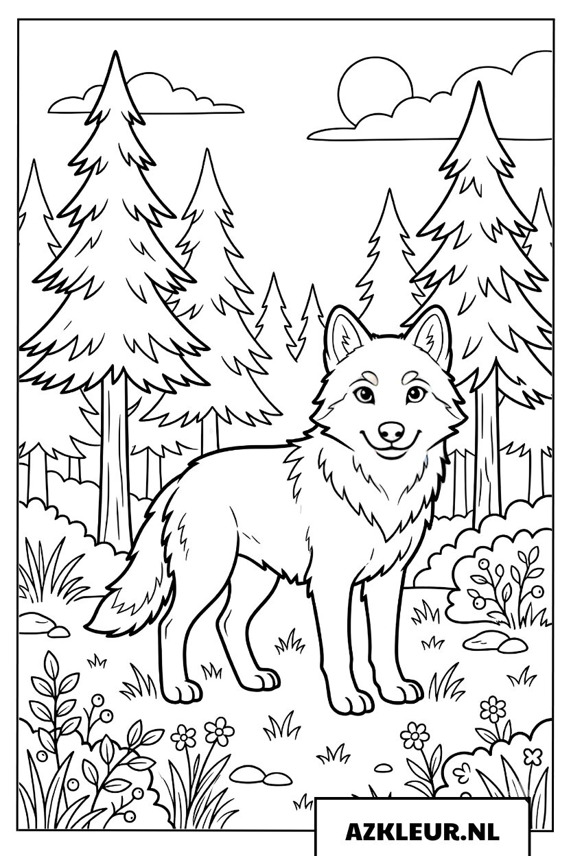 Kleurplaat wolf in het dennenbos