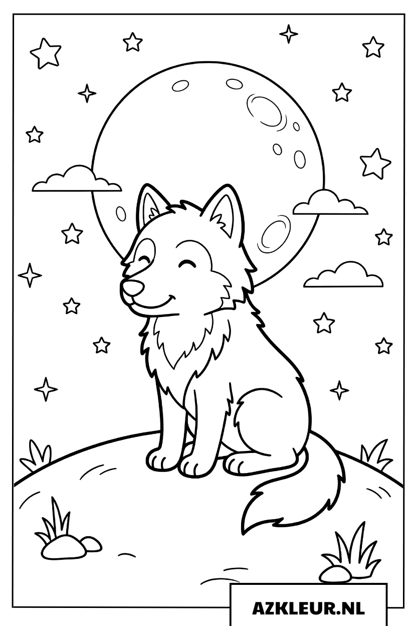 Kleurplaat wolf onder de volle maan