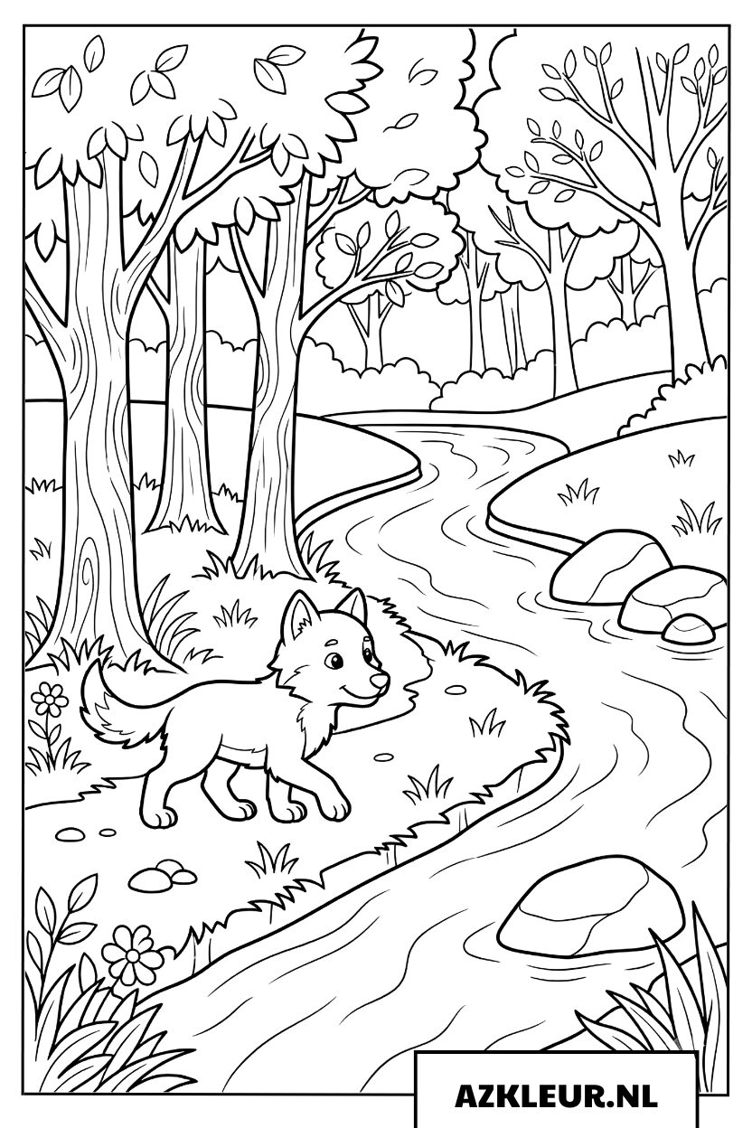 Kleurplaat wolfje bij de rivier